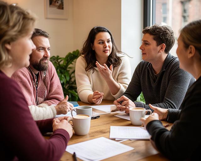 Small group of local business owners talking over coffee at an informal Maltby meet-up