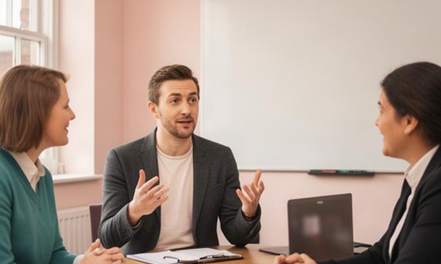 Startup founder practising a funding pitch with two supportive advisers in a Rotherham meeting room