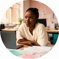 Sosi Oduye reviewing peer group notes in a shared South Yorkshire workspace