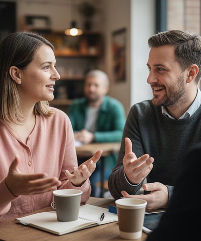 Freelancer and shop owner exchanging ideas during a small South Yorkshire business discussion