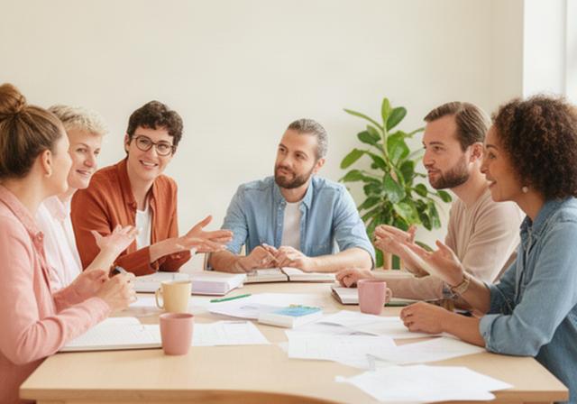 Small group of South Yorkshire business owners sharing plans around a table in a bright community room