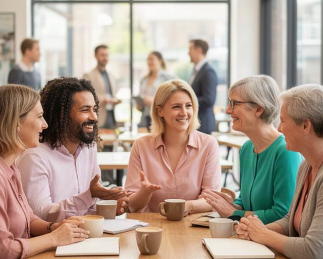 Local entrepreneurs talking over coffee at a bright Maltby networking table