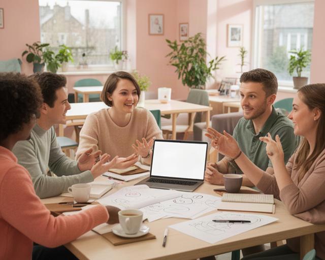 Aspiring founders discussing a business plan around a table in a bright South Yorkshire community room