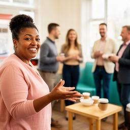 Lasharn Qadira welcoming attendees at an informal Rotherham networking event