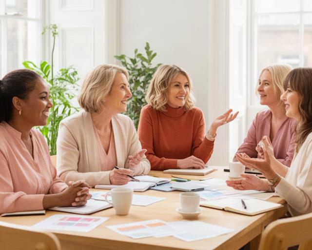 Women business owners sharing ideas around a table in a bright South Yorkshire community room
